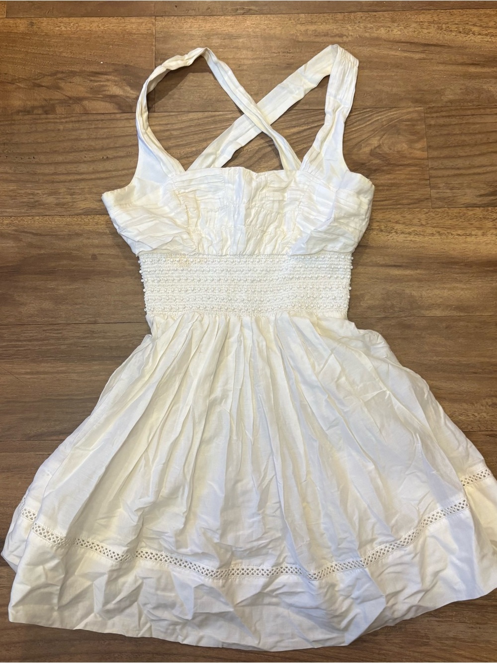 bebe White Beaded Strap Dress with Smocked Bodice
